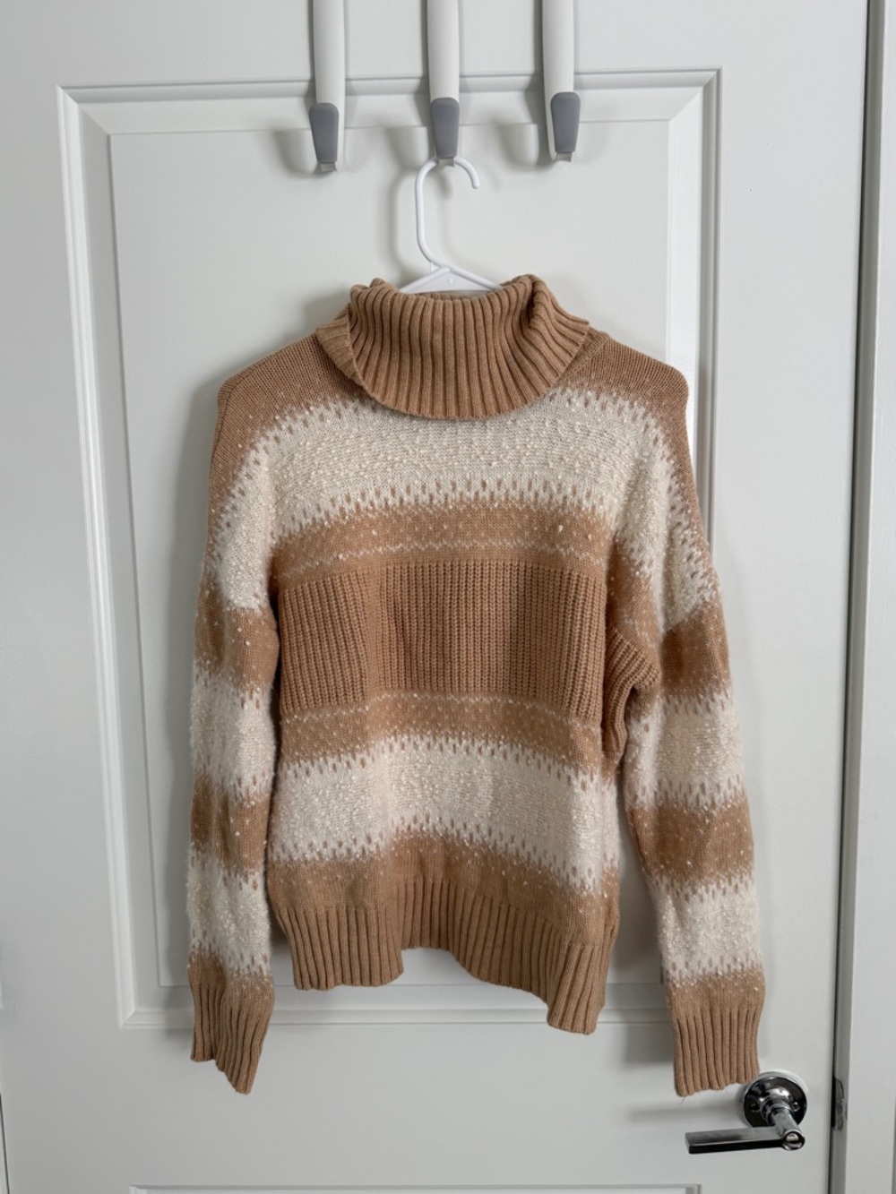 Tahari Camel and Cream Striped Turtleneck Sweater